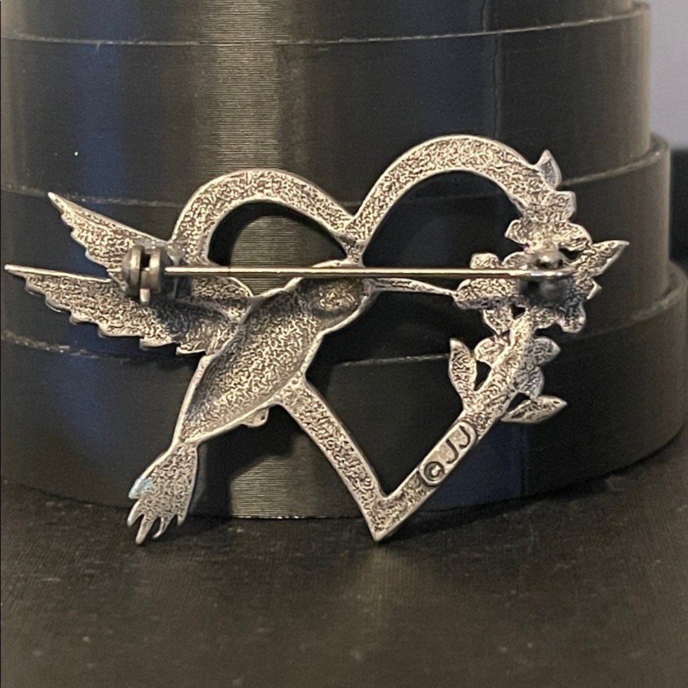 🍄Vintage JJ Jonette Pewter Blue Hummingbird Pink Floral Heart Brooch - Picture 6 of 8